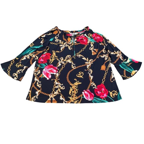 Susan Graver Sz L Navy Floral Top Blouse Gold Chain Flowers 3/4 Bell Sleeve - Picture 1 of 10